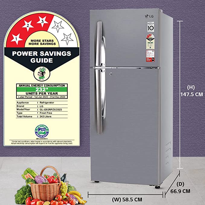 LG 242 L 3 Star Smart Inverter Frost-Free Double Door Refrigerator (GL-I292RPZX, Shiny Steel, Door Cooling+, Gross Volume- 260 L) LG 242 L 3 Star Smart Inverter Frost-Free Double Door Refrigerator (GL-I292RPZX, Shiny Steel, Door Cooling+, Gross Volume- 260 L)